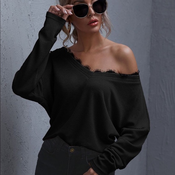 Tops - Black eyelash  lace detail off shoulder waffle top